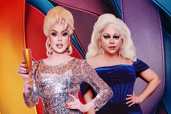 Two drag queens stand in front of a backdrop of oversized multicoloured ribbons